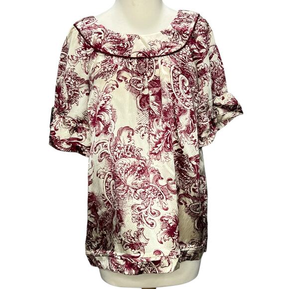BCBGmaxazria Blouse S Burgundy Cream Floral Silk Ruffle Sleeve Top Boho Retro - Picture 1 of 13